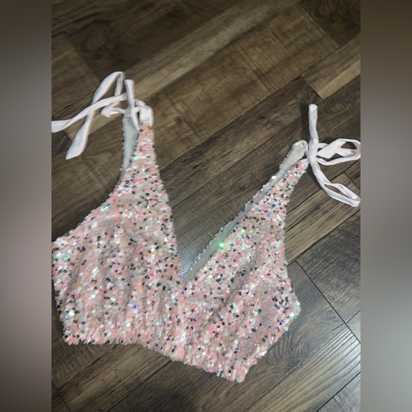 Free People Intimately Free Big Night Sequin Crop Top Ribbon Tie Rose XS - Picture 7 of 7
